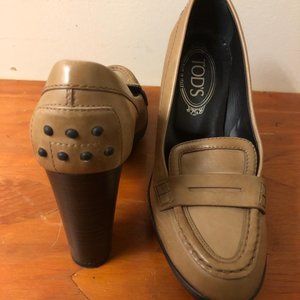 Tods Brown Leather Penny Loafer Pumps Authentic 36.5